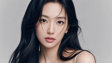 Naklejka premium Beautiful Korean female model, Korean model's clear skin, Korean cosmetics model, close-up