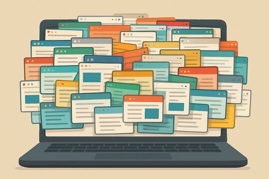 A laptop screen cluttered with excessive open tabs and windows, symbolizing digital overload, internet addiction, multitasking stress, and information overwhelm in the modern world