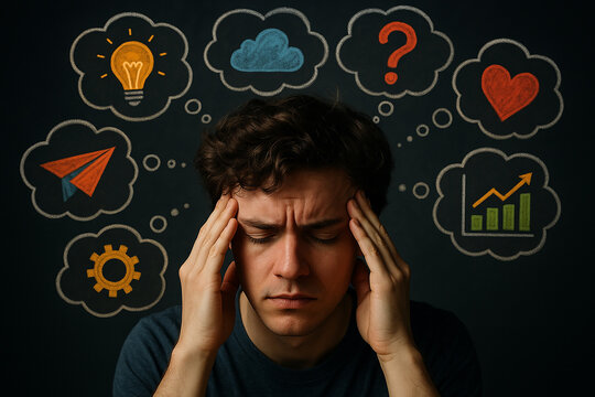A stressed person surrounded by thought bubbles or digital notifications, representing overthinking, mental overload, and distraction from too many ideas, messages, and alerts