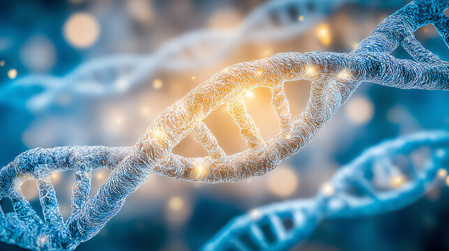Detailed view of DNA strands with glowing elements, representing genetic research and biotechnology advancements. - Powered by Adobe