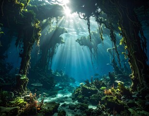 Underwater forest bathed in sunlight