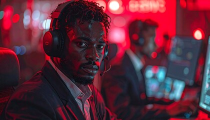 Focused man wearing headset in a dark room.
