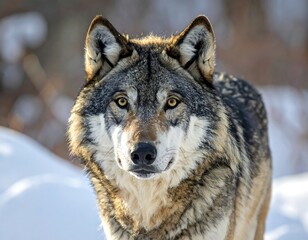 Fototapeta premium Close-up of a gray wolf in winter, looking directly at the camera with a snowy background.