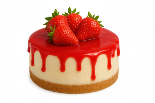 Strawberry cheesecake with rich cream cheese, shiny red glaze dripping sides, topped with fresh whole strawberries and leaves. Transparent background