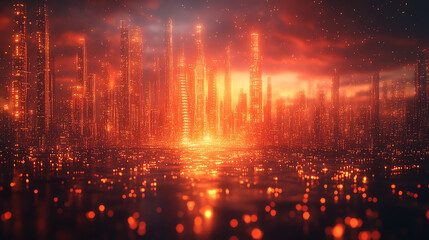Fototapeta premium Futuristic city skyline illuminated by vibrant orange lights, creating an otherworldly atmosphere filled with energy and innovation.