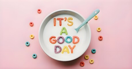 Colorful Cereal Letters in Milk Bowl Spelling It's a Good Day &ndash; Positive Breakfast Concept"