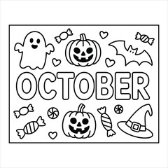 October Halloween Coloring Page with Pumpkins and Ghosts