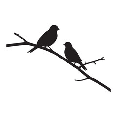 Two bird silhouettes perched on a curved branch. 