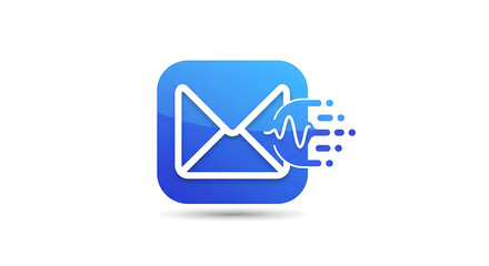 Modern blue square icon depicting a white envelope with a dynamic digital transmission signal.