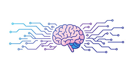 An illustrative depiction of a human brain connected to digital circuits, symbolizing artificial intelligence, machine learning, and complex thought processes.