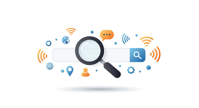 A magnifying glass hovers over a search bar, surrounded by various internet and digital service icons, symbolizing online information retrieval.
