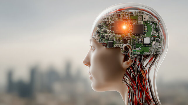 Futuristic concept of a humanoid head with a digital brain, symbolizing the fusion of technology and human intelligence.