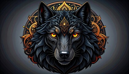 Ornate wolf head, fiery eyes, gold accents
