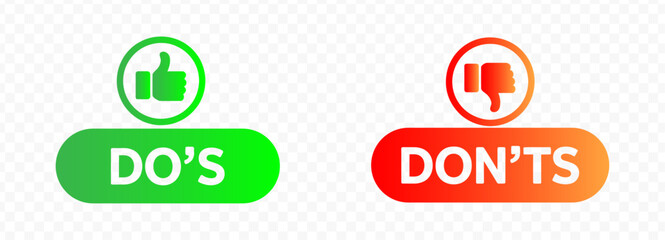 do's and don'ts icon. to do and not to do symbol for guidelines and rules list. buttons with thumbs up and thumbs down sign. vector illustration on transparent background.