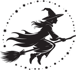 Halloween witch flying silhouette with stars vector