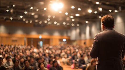An Asian Christian leaders giving a keynote speech on a large stage, with a diverse audience listening intently, sharp focus on the speaker, blurred background. Generative AI.