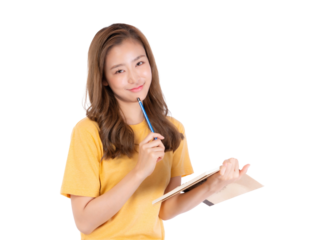 Smiling young Asian woman holding notebook and pen while thinking, female student or writer looking inspired and creative, education, learning, planning, idea and imagination , transparent background