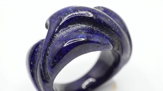 Close-up view of a handcrafted lapis lazuli sculpture, exhibiting intricate carving and a deep blue hue.