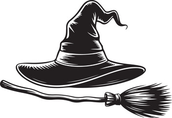 Halloween witch hat broom silhouette design