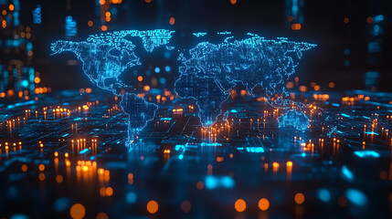 Futuristic digital world map overlay with glowing circuitry, symbolizing global connectivity and advanced technology.