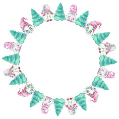 a wreath of gnomes and a Christmas tree hand-painted in watercolor