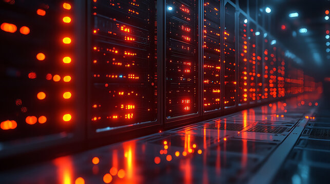 Futuristic server room with illuminated racks, showcasing data storage technology and digital connectivity in a vibrant setting. - Powered by Adobe