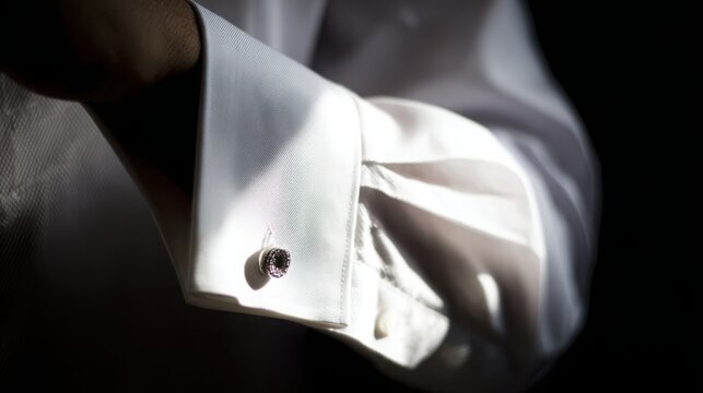 cufflink. Extreme close-up of a sophisticated cufflink on a crisp white shirt cuff. lifestyle magazines, social media lookbooks, designed for influencer and brand collaborations.