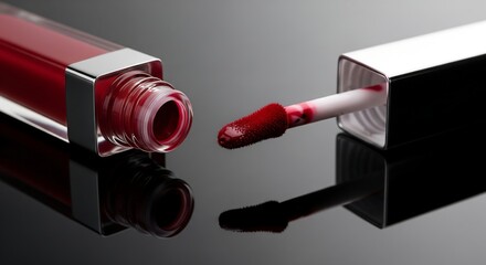 Luxury red lip gloss with metallic cap and applicator, lying on glossy black surface with reflection, high-end makeup branding mockup.