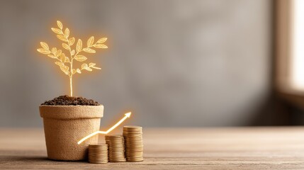 Growth Concept with Plant and Coins in Contemporary Indoor Setting