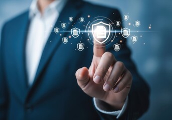 Businessman interacting with digital document security and data protection icons technology