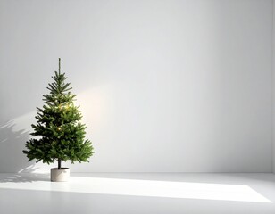 A small Christmas tree in a pot against a white wall in a bright room.
