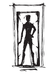 Silhouette of a man. Figure of a man in a door frame