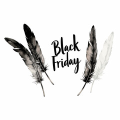 Artistic Arrangement of Black and White Feathers Surrounding a Minimalist Black Friday Text on Clean White Background