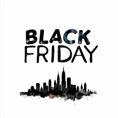 Vibrant Black Friday Shopping Extravaganza with Cityscape Silhouette and Bold Typography Art for Urban Retail Enthusiasts