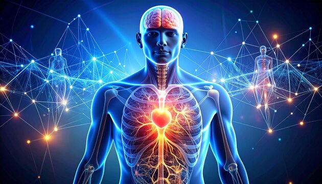 Human body with brain and heart highlighted, connected by glowing network.