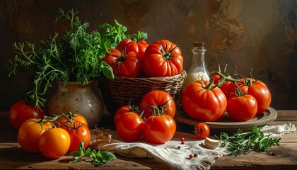 Still life of ripe tomatoes, herbs, and a bottle on a wooden table.
