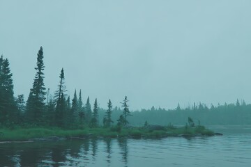 Misty lake shore with evergreen trees