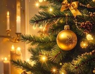 Christmas tree with golden ornaments and candles