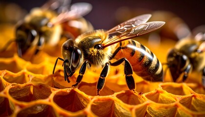 Close-up of honeybees on honeycomb