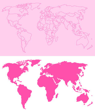 Pink World Map Outline and Solid Silhouette Illustration