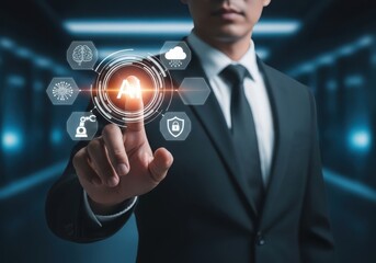 Businessman touching AI interface with icons for brain, robot, cloud, and security suit screen