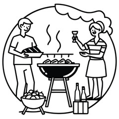 A man and woman enjoying a barbecue in a park with grilled food and drinks