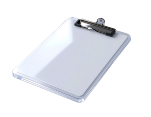 Transparent clipboard with a black clip, angled slightly, showcasing a blank white writing surface