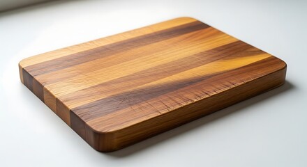 Fototapeta premium A rectangular wooden cutting board with rounded corners, made of several strips of wood with varying grain patterns and colors.
