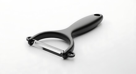 A black ergonomic Y-shaped peeler with a sharp stainless steel blade, isolated on a white background.