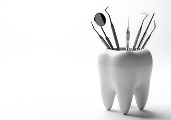 Dental tools inside a tooth model isolated on white background