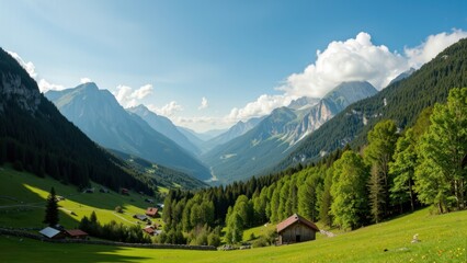 Scenic alpine valley with green meadows and majestic mountains