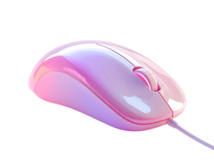 A pastel pink, wired computer mouse with a glossy finish and a scroll wheel, shown at a slight angle