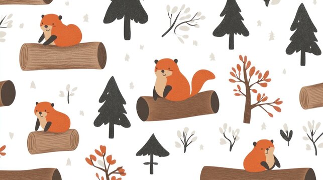 Cute orange animals resting on logs in a forest scene
