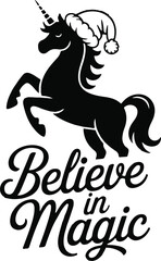 Christmas unicorn with Santa hat silhouette vector